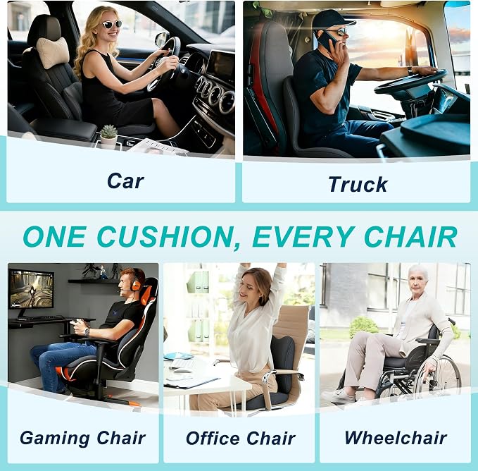 Seat Cushion for Office Chair and Car, Lumbar Support Pillow for Office Chair, Memory Foam Ergonomic Seat Cushion for Long Sitting, Back & Tailbone Pain, Sciatica - Dark Gray
