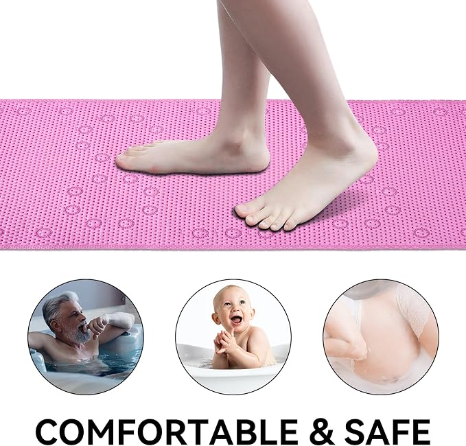 Bathtub Mat Non Slip 36” X 17” Pink Shower Mat Soft Foam Bath Mats for Bathroom Tub, Bathtub Mat with Drain Holes, Suction Cups, Shower Mat Non Slip