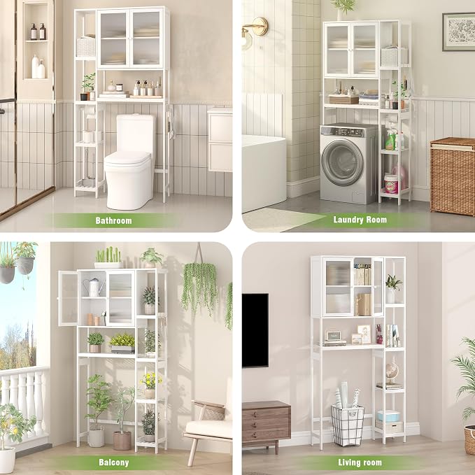 Over the Toilet Storage Cabinet Above Toilet Bathroom Organizer with Toilet Paper Holder Stand Bath Organizer with Adjustable Shelves & Acrylic Doors,Anti-Tip Device (White)