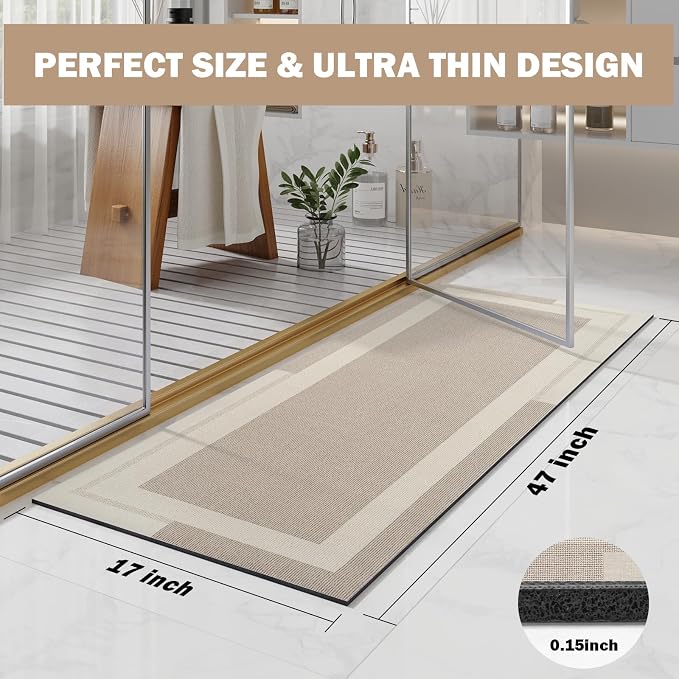 YDKGL Non Slip Long Bath Mat Bathroom Runner, Rubber Backing Ultra Thin Bathroom Rugs Fit Under Door Quick Dry Super Absorbent Washable Bath Rug Shower Mat for Bathtub Sink Floor, Beige 17"x47"