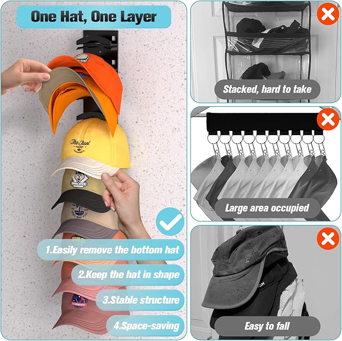 Hat Organizer for Baseball Caps, Hat Rack for Wall with Strong Adhesive Hold up to 10 Hats, Hat Hanger Holder Display for Door Closet, Cap Organizer Storage Multilayer Two Mounting Option(Black)
