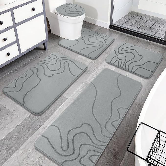 YIHOUSE Memory Foam Bathroom Rugs Sets 5 Piece - Extra Thick Ultra Soft Absorbent Bath Mat Set, Non-Slip Machine Washable Bath Rugs for Bathroom, Tub & Shower, Home Decor Accessories, Grey