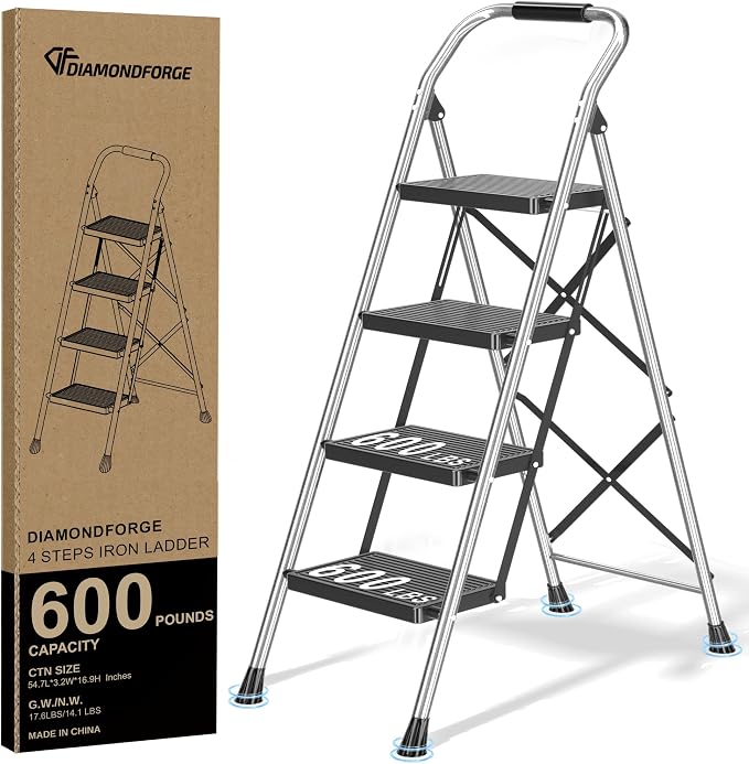 Step Ladder Foldable Folding Stool - for Home Adults Kitchen 4 Stepping Extension Tall Heavy Duty with Handrails - Closet Stepstool Stair Ladders Extendable Stepladder for Indoor House 600Lbs