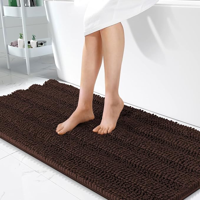 OLANLY Thick Bathroom Runner Rugs 47x24, Extra Absorbent Chenille Striped Bath Rugs, Rubber Backing, Machine Wash Dry, Long Bath Mats for Bathroom Floor, Tub and Shower, Home Decor Accessories, Brown