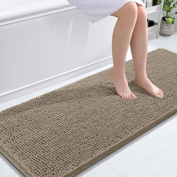 OLANLY Bathroom Runner Rugs 59x24, Soft Absorbent Chenille Bath Rugs, Rubber Backing Quick Dry, Machine Washable Long Bath Mats for Bathroom Floor, Tub and Shower, Home Decor Accessories, Warm Taupe