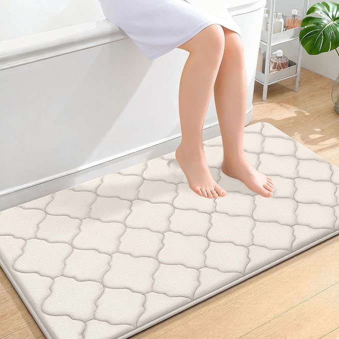 OLANLY Memory Foam Bath Mat Rug 44x24, Ultra Soft and Absorbent Bathroom Rugs, Non-Slip, Comfortable, Machine Washable Bath Carpet for Bathroom Floor, Tub, Shower and Home Decor Accessories, Ivory