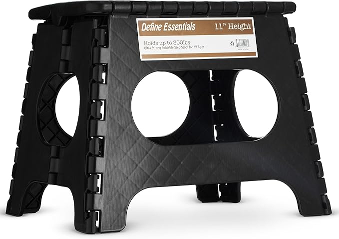 Folding Step Stool - 11" Hight - The Lightweight Step Stool is Sturdy Enough to Support Adults and Safe Enough for Kids. Opens Easy with One Flip. Great for Kitchen, Bathroom, Bedroom (Black)