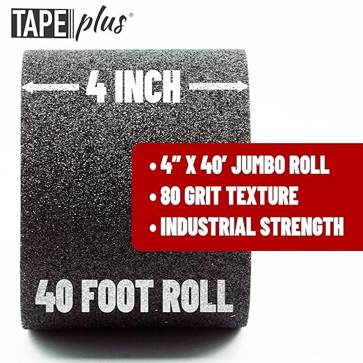 TapePlus Grip Tape for Stairs - 4 in x 40 ft, Black - 80-Grit Waterproof Traction Tape for Indoor & Outdoor Steps - Tread & Traction Strips for Steps