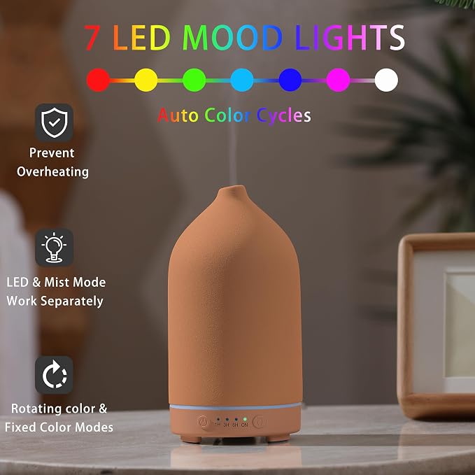Gooamp 200ML Ceramic Essential Oil Diffuser - Ultrasonic Aromatherapy & Humidifier with 7-Color LED Lights, Auto Shut-Off, Brown, 1H/3H/6H Timer | Scent for Home,Office,Yoga