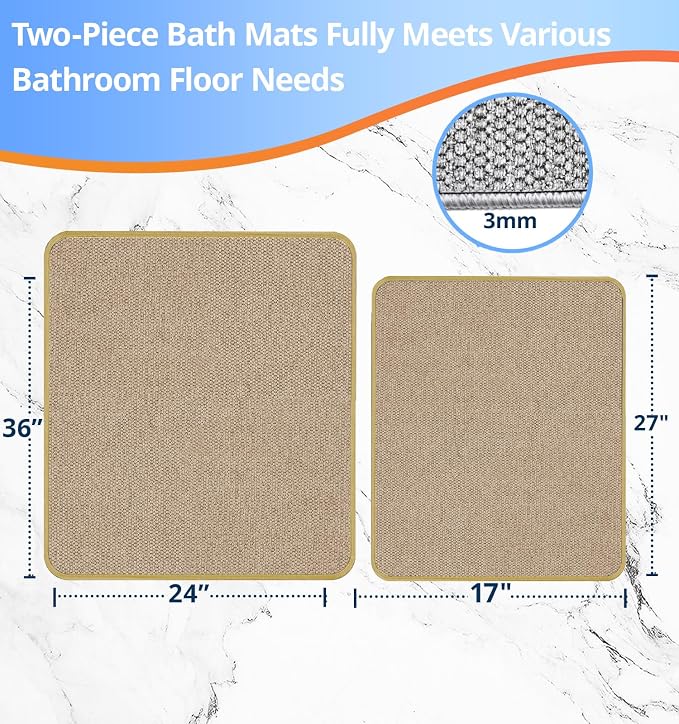 Bathroom Rugs Sets 2 Piece, Thin Bath Mat Absorbent Quick Dry, Machine Washable, Rubber Backing for Non Slip, Low Pile Cozy Cloth Bathroom Rug Set for Tub/Sink/Shower (27"x17" & 36"x24", Khaki)