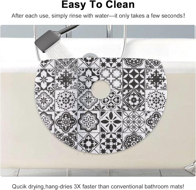 Shower Mat Non Slip, Round Shower Mat for Inside Shower, Non Slip Bathtub Mat, Fast Drying Bath Tub Mats, Loofah Mat for Shower Bathroom, Quick Drying, Resistant (Black Mosaic, 32" (Round))
