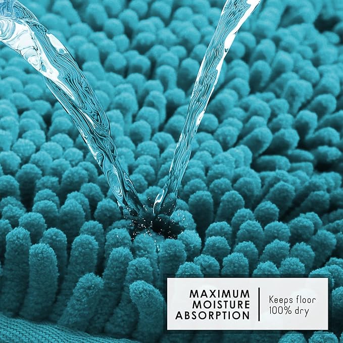 Hearth & Harbor Bathroom Rugs, Chenille Bath Mat - Machine Washable Bath Mats for Bathroom Non-Slip Backing Rubber, Quick Dry Bathroom Mat - Teal Blue 17x24-20x24