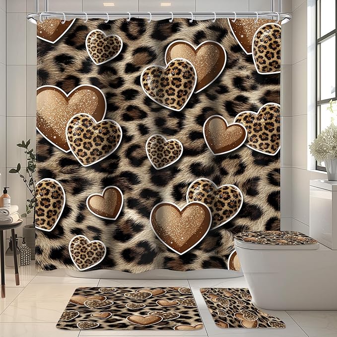 4 PCS Leopard Print Heart Shower Curtain Set 72Wx72H,Toilet Lid Cover,Non-Slip Rugs and U-Shaped Mat,Wildlife Cheetah Bathroom Sets with Rugs Shower Accessories 12 Hooks for Bathroom Decor