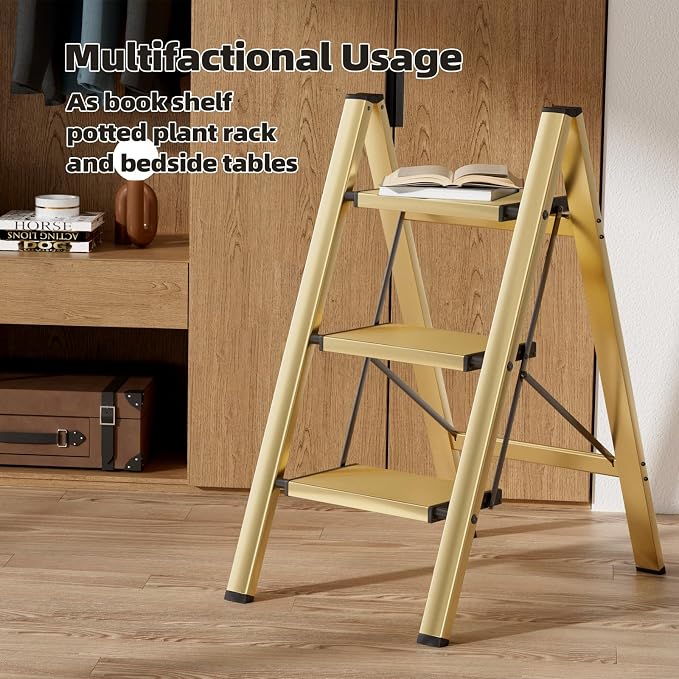 HillhutApex 3 Step Ladder, Lightweight Portable 3 Step Stool with Anti-Slip Wide Pedal,330lbs Capacity Aluminum Ladder for Household,Office,Library(Gold)