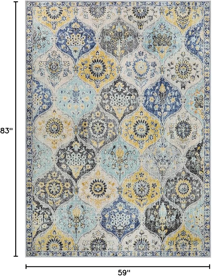 Lahome Moroccan Trellis Washable Area Rugs 5x7, 5x7 Area Rugs for Living Room Bedroom, Indoor Non-Slip Large Oriental Throw Carpet for Kitchen Entryway Bathroom Office Elise, Yellow/Aqua