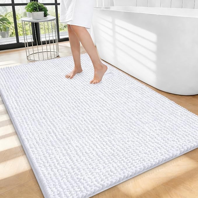 OLANLY Thick Large Bathroom Rugs 40x32, Extra Soft Absorbent Chenille Bath Rugs, Rubber Backing, Machine Wash Dry, Bath Mats for Bathroom Floor, Tub and Shower, Home Decor Accessories, White