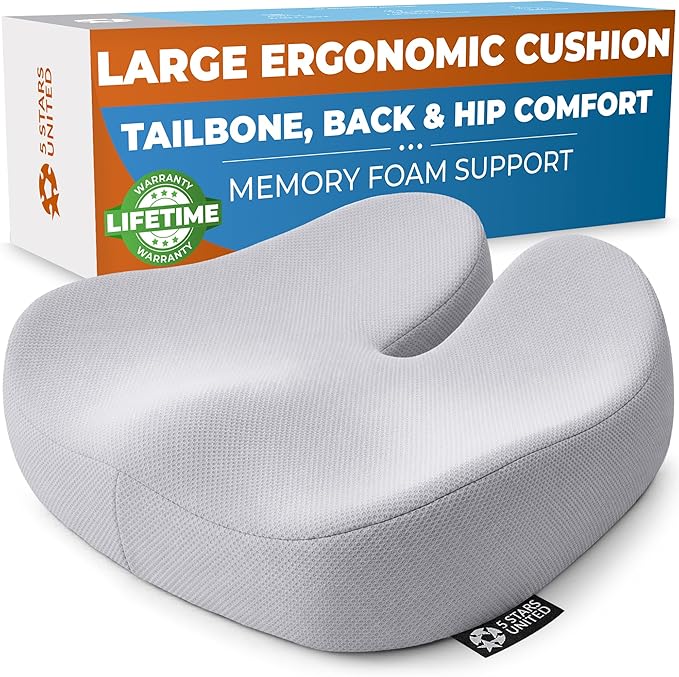 5 STARS UNITED Seat Cushion - Memory Foam Chair Cushion for Tailbone Pain Relief - Ergonomic Support for Coccyx, Sciatica & Butt - Office, Desk & Gaming Chair, Car Seat, Wheelchair, Light Gray Mesh
