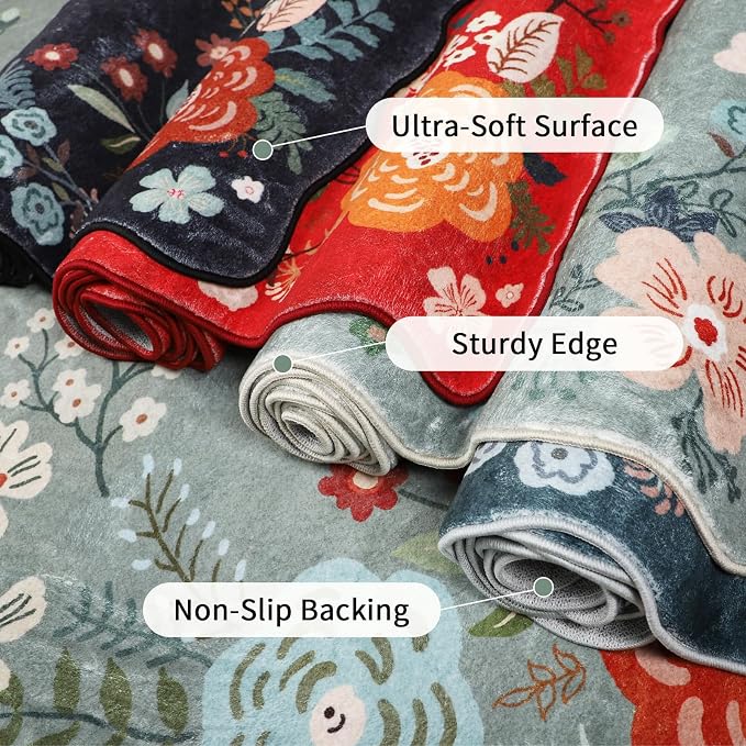 Kitchen Runner Rug, 3x6 Boho Floral Runners for Hallways with Non Slip Backing, Soft and Cozy Runner Carpet for Living Room, Entryway, Bedroom, Bathroom, Black
