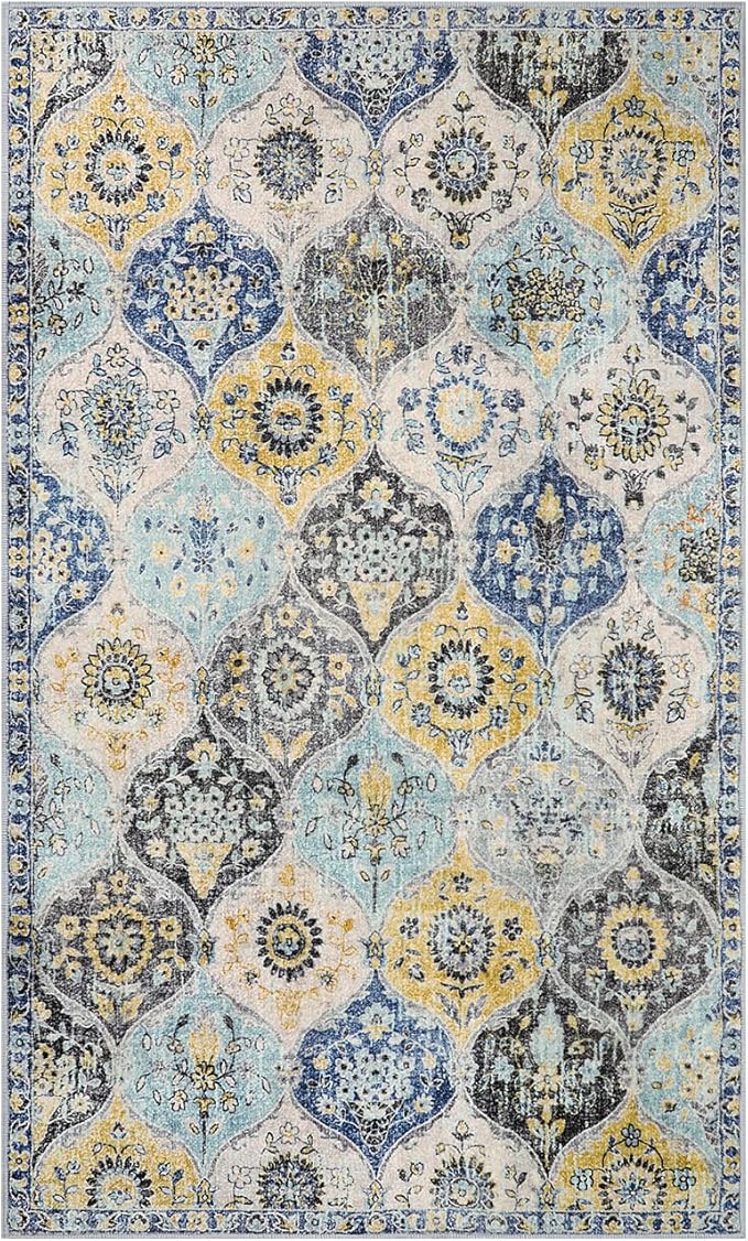 Lahome Moroccan Trellis Washable Small Area Rug, 3x5 Area Rug for Bedroom Living Room, Non-Slip Oriental Throw Carpet for Kitchen Office Entryway Bathroom Office Elise, Yellow/Aqua
