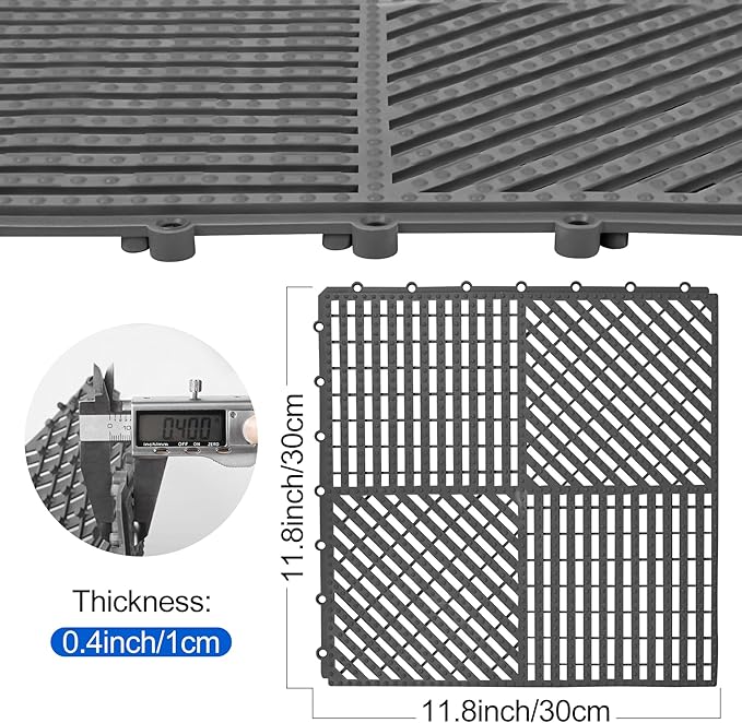 ToLanbbt Modular Interlocking Cushion 12P 11.8" x 11.8" Interlocking Rubber Floor Drain Holes Non-Slip Splicing Drainage Mats for Deck, Shower, Kitchen, Drain Pool, Sauna Bath (Dark Grey, 1 Rows Dots)