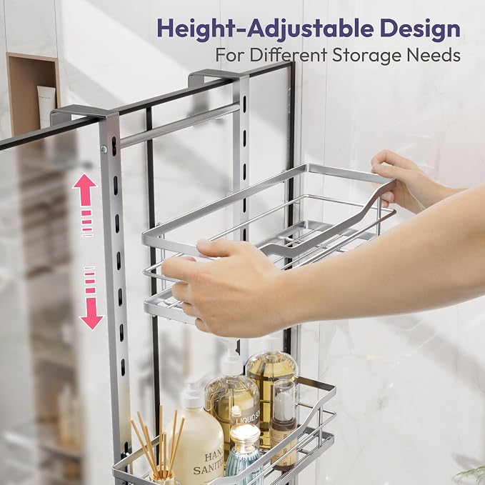 SWTYMIKI Over the Door Shower Caddy - 4 Tier Adjustable Shower Organizer Hanging with Soap Holder, No Drilling Stainless Steel Bathroom Rack Hanging for Body Wash, Shampoo, Soap, Razor, Silver