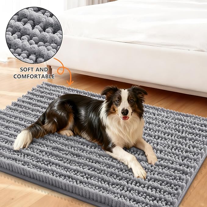 Smiry Dog Door Mat for Muddy Paws 36x24, Absorbent Dirt Trapper, Non-Slip Washable Chenille Entryway Rug for Inside Floor, Grey, Layered Pattern