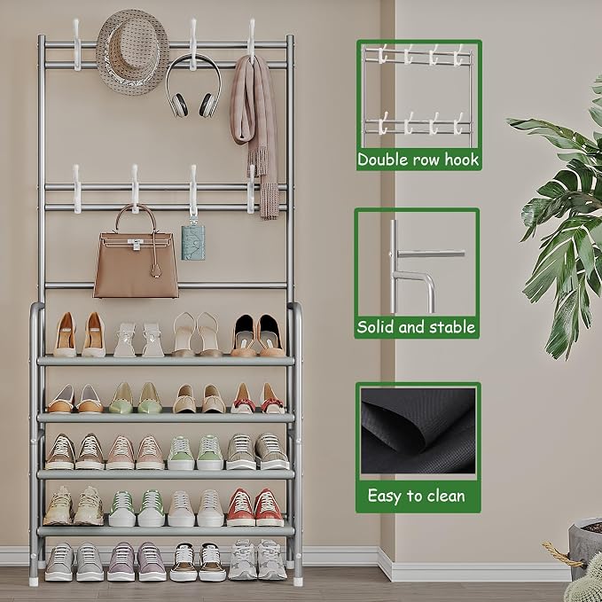 Coat Rack Shoe Rack With Storage Shelf Freestanding with 8 Hooks for Entryway Bedroom Closet 4 Tier, Grey