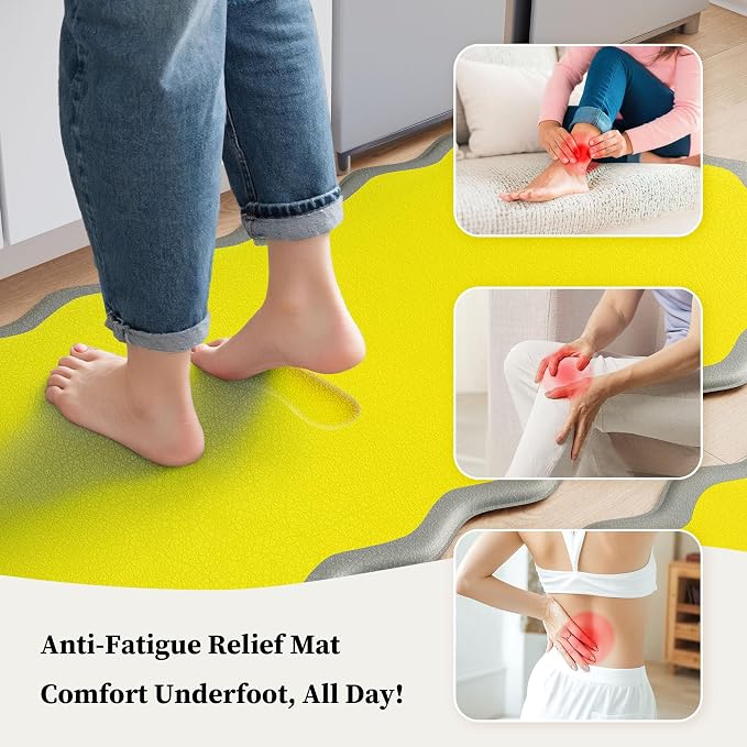 Arenarug Scalloped Yellow Gray Kitchen Mats Rugs Sets of 2 Cushioned Anti Fatigue Floor Mat Waterproof Kitchen Rugs Non Slip Foam Comfort Standing Mat for Sink Laundry
