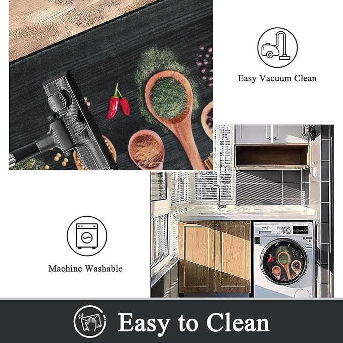 Vaukki Boho Kitchen Rug Sets 3 Pieces, Washable Kitchen Mats for Floor, Non Slip Soft Kitchen Area Rug Floor Mat for Kitchen, Laundry Room and Hallway (Spice-Black, 20''x32''+20''x47''+20''x59'')
