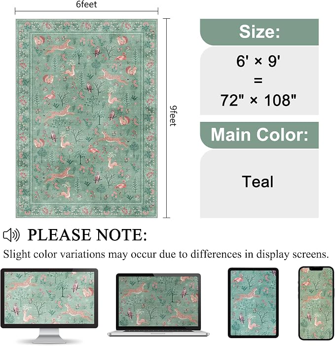 DUKINO 6x9 Rug, Washable Animal Living Room Rug with Non Slip Vintage Design, Soft Low Pile Large Carpet for Bedroom, Nursery, Dining Room, Farmhouse, Playroom, Teal