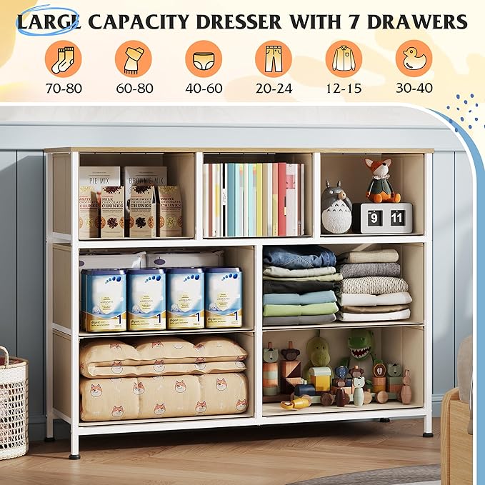 WLIVE 7 Drawer Dresser TV Stand, Entertainment Center, Media Console Table with Metal Frame and Wood Top for TV up to 45 inch, Chest of Drawers for Bedroom, Living Room, Cream White