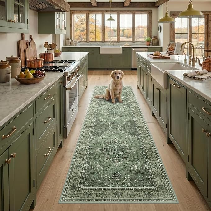 RELEANY Area Rugs Runner 3'x9' Washable Non-Slip, Floral Vintage Distress Medallion Carpet for Kitchen Hallway Bedroom Beside Laundry Room Bathroom, Dark Green Gray