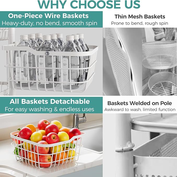 5 Tier Kitchen Fruit Vegetable Storage Cart with Rotating Basket, Rolling Rack Shelf Organizer Floor Stand on Wheel for Snack Spice Produce Veggie Onion Potato Bin, Vianderos Para Cocina, White