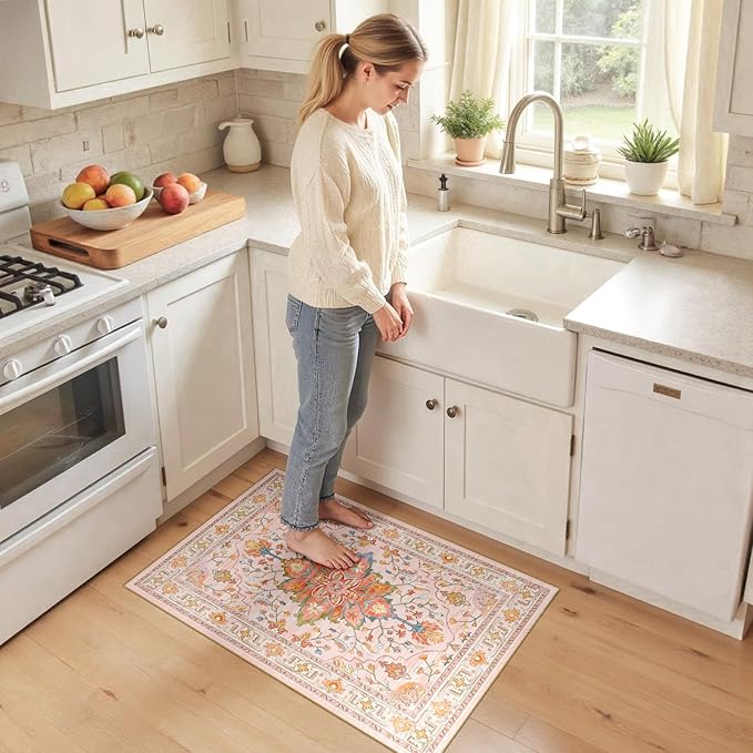 RELEANY Area Rugs Small 2'x3' Washable Non-Slip, Floral Vintage Distress Medallion Carpet for Kitchen Entryway Bathroom, Light Pink Colorful