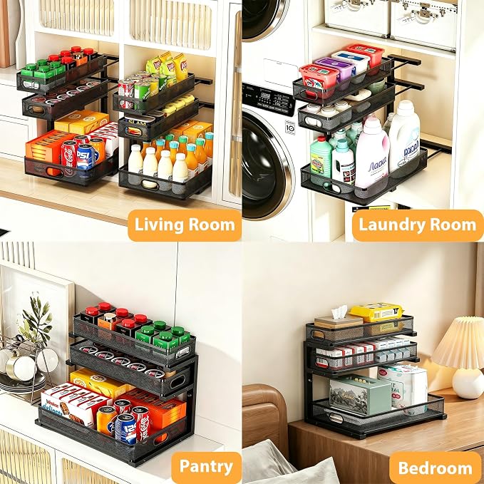 2 Pack Under Sink Organizer, 3-Tier Pull Out Kitchen Cabinet Organizer, Height Adjustable Metal Slide Out Bathroom Storage Makeup Drawer Rack for Bedroom Office Laundry Pantry Home Organization, Black