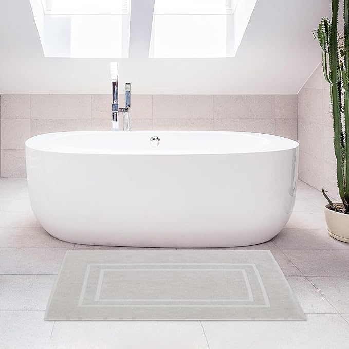 Feather & Stitch 2 Piece Towel Like Bath Mats (30x21 Inch) 100% Cotton Terry Bath Mats, Bathroom Shower Floor Mats [NOT A Bathroom Rug], Soft Absorbent Washable Mats - Sliver