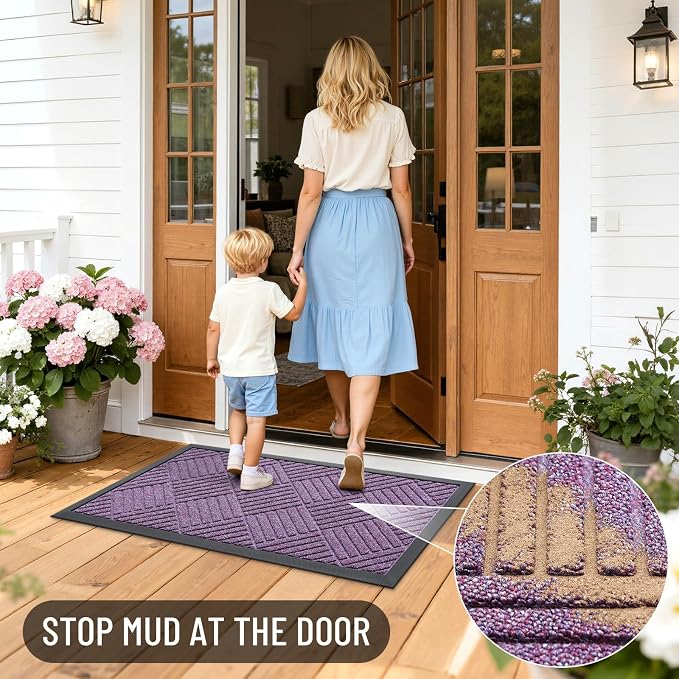 OLANLY Front Door Mat Outside Entrance 29.5x17, Absorbent, Heavy Duty Sturdy Natural Rubber Doormat Indoor Outdoor, Stain Fade Resistant, Non-Slip Low Profile Floor Mat for Entryway, Violet Diamond