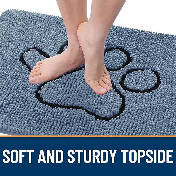 OLANLY Dog Door Mat for Muddy Paws 30x20, Paw Print Design, Absorbs Moisture and Dirt, Absorbent Non-Slip Washable Doormat, Quick Dry Chenille Mud Mat, Entry Indoor Entryway Carpet, Airy Blue