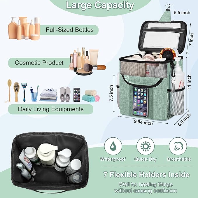 Attmu Shower Caddy Portable for Dorm Room Essentials, Hanging Shower Bag for College, Large Capacity Mesh Shower Caddy for Bath Essentials (Dusty Green)
