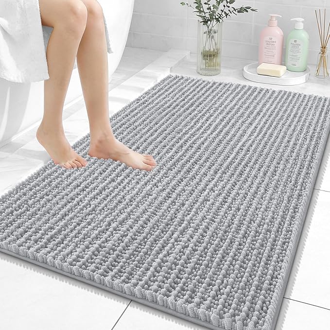OLANLY Bathroom Rug Mat 40x32, Thick Soft and Absorbent Chenille Bath Mat, Non-Slip Rubber Backing, Machine Washable Quick Dry Bath Rugs for Tub Shower Floor, Home Decor Accessories, Light Grey