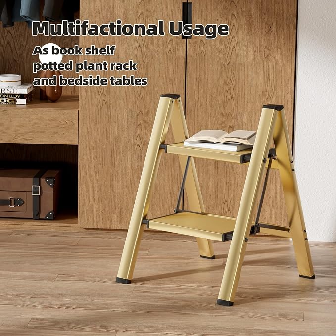 HillhutApex 2 Step Ladder, Lightweight Portable 2 Step Stool with Anti-Slip Wide Pedal,330lbs Capacity Aluminum Ladder for Household,Office,Library(Gold)
