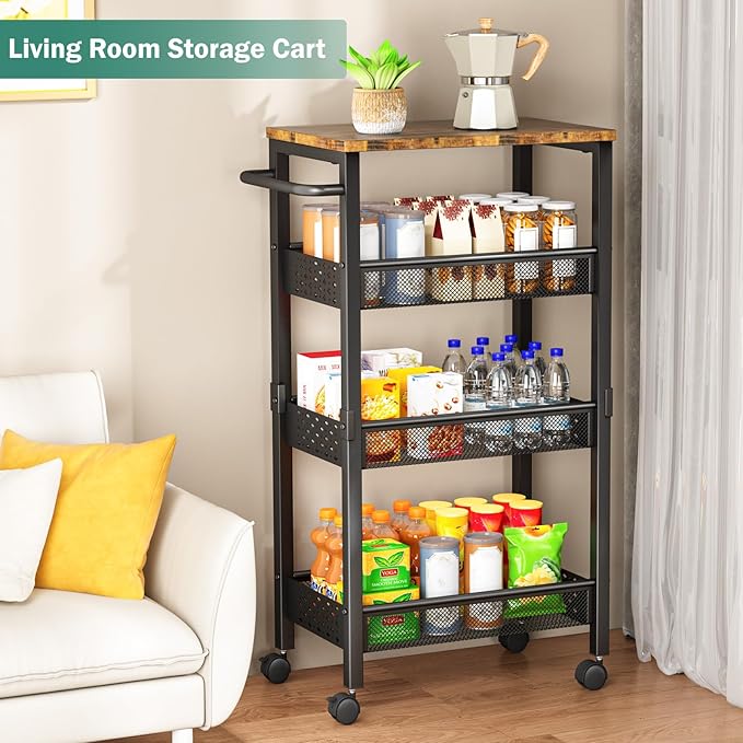Vivihomety Utility Slim Storage Cart with Wheels, 4-Tier Narrow Rolling Organizer Shelf with Wood Top, Metal Storage Rack and Space-Saving Organizer for Bathroom, Kitchen, Laundry Room, Small Spaces