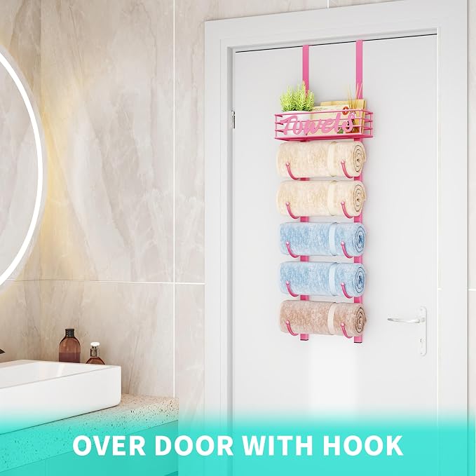 HapiRm Towel Racks for Bathroom Storage - 6 Tier Over The Door & Wall Mount Rolled Towel Storage Organizer Holder with Metal Shelf Basket for Small Bathroom, Camper, Rv - Pink, Patented