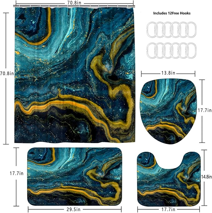 Nkzply 4 Pcs Teal Blue Marble Shower Curtain Set Turquoise Bathroom Sets with Shower Curtain and Rugs Gold Modern Abstract Bathroom Decor Accessories Bathroom Rugs Toilet Lid Cover with Hooks