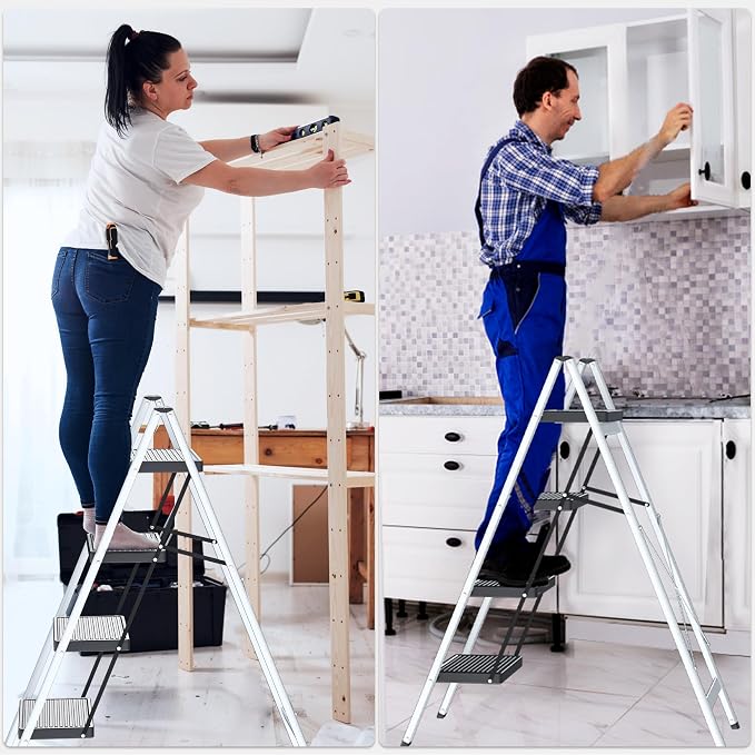 DIAMONDFORGE 4 Step Ladder, Lightweight Folding Step with Wide Anti-Slip Pedal & Feet, 330 lbs Capacity,Sturdy Steel Step Ladder for Home,Office and Library,Gray Black