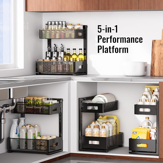 TISTAYA Under Sink Organizer, Silk-Smooth Metal Sliding Drawer Organizers and Storage Rack, Pull Out Cabinet Shelf for Kitchen, Bathroom, Pantry, Cabinet, Closet