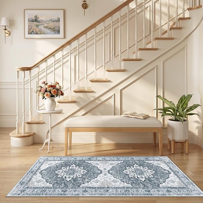 RELEANY Area Rugs Runner 2'6"x5' Washable Non-Slip, Floral Vintage Distress Medallion Carpet for Kitchen Hallway Bedroom Beside Laundry Room Bathroom, Light Gray Grey White