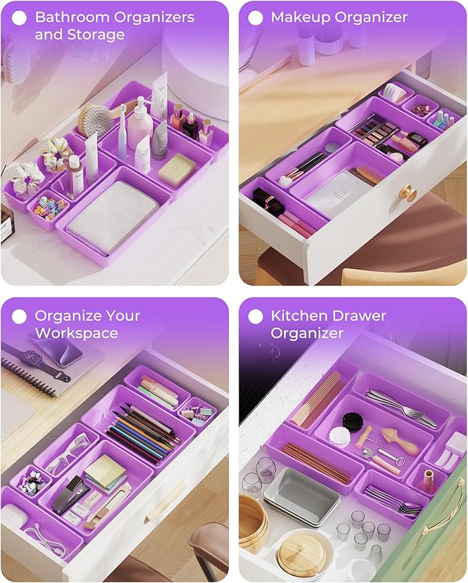 BiuLeon 25 PCS Plastic Drawer Organizers Set, 4-Sizes Vanity and Makeup Organizer, Desk and bathroom Drawer Organizer Trays, Organizers and Storage for Makeup, Jewelry, Gadgets, Utensils (Purple)