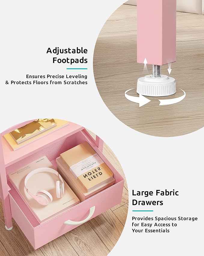 Lazzanto Night Stand Bedside Charger Bedroom - Nightstand with Charging Station & LED Light Strip, Night Stand with Storage Shelf & 3 Fabric Drawers, Morden End Table with USB Ports&AC Outlets,Pink