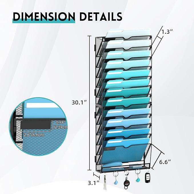 13 Tier Wall File Organizer - Hanging File Organizer with 5 Hooks, Mail Holder Wall Mounted for Papers, Folders, Magazines, Bills, Office&School Organization, Black